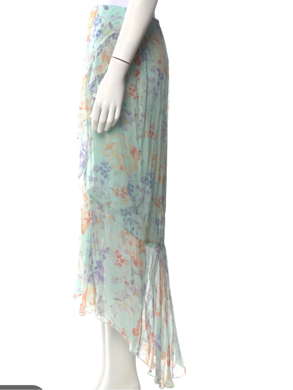 Alice + Olivia Floral Ruffle Asymmetrical Midi Skirt Size 8 Mint Green Silk-Look - Picture 5 of 13